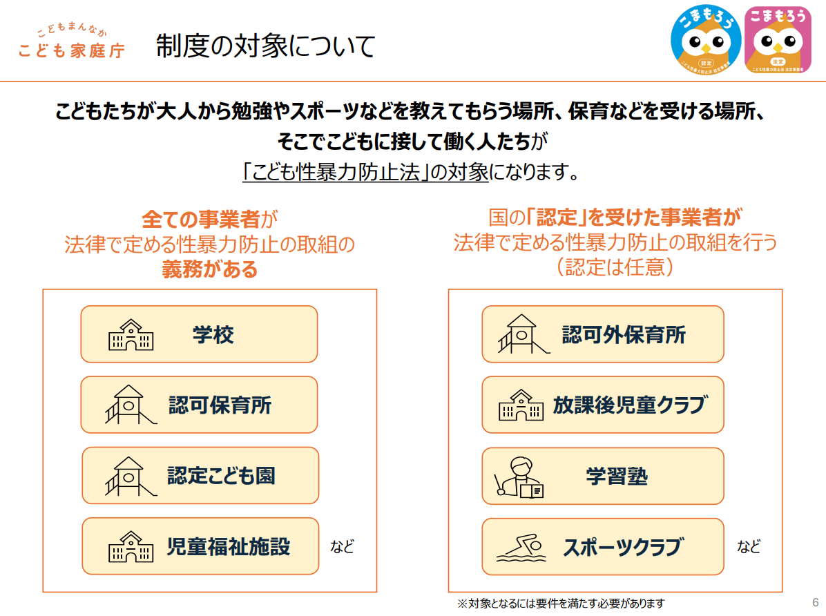 こども性暴力防止法の制度の対象。学校・認可保育所・認定こども園・児童福祉施設などは全ての事業者に取組の義務があり、認可外保育所・放課後児童クラブ・学習塾・スポーツクラブなどは国の認定を受けた事業者が取組を行う（認定は任意）
